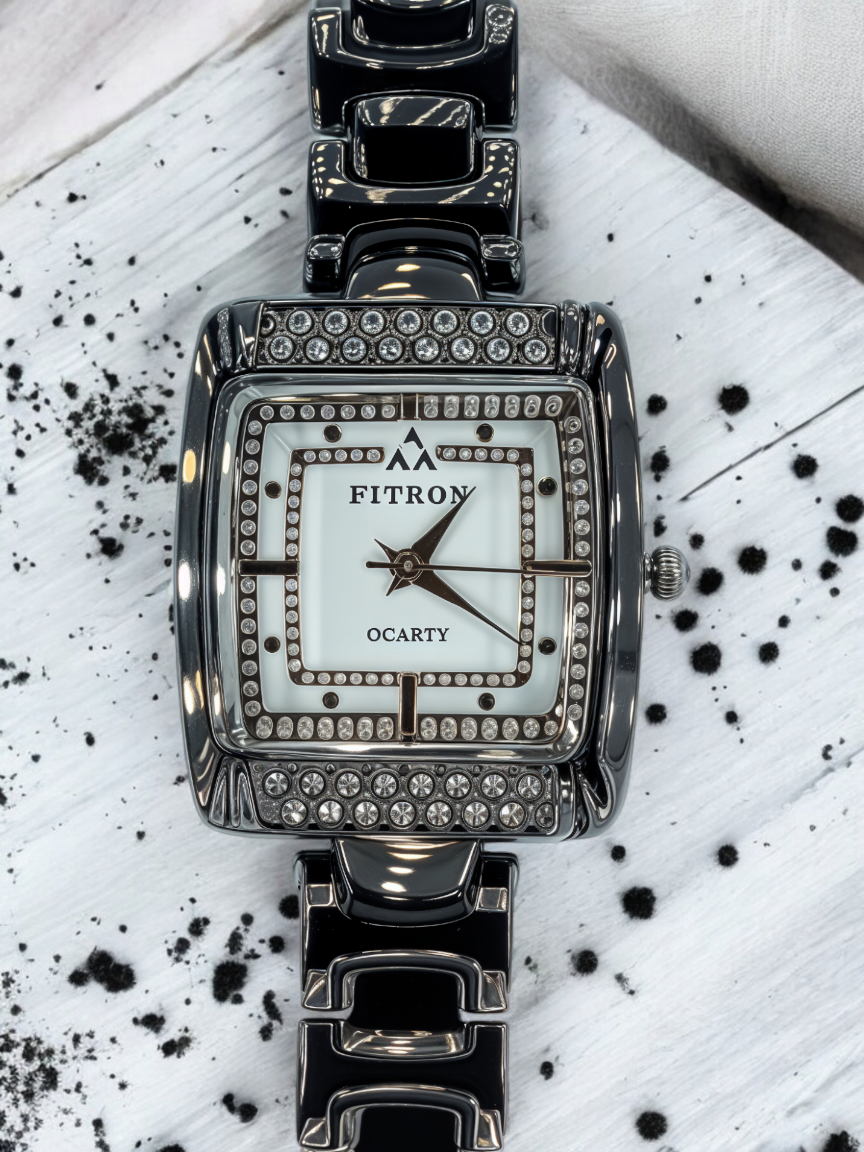 Noir Black Diamond-Embellished Square Dial Watch For Women