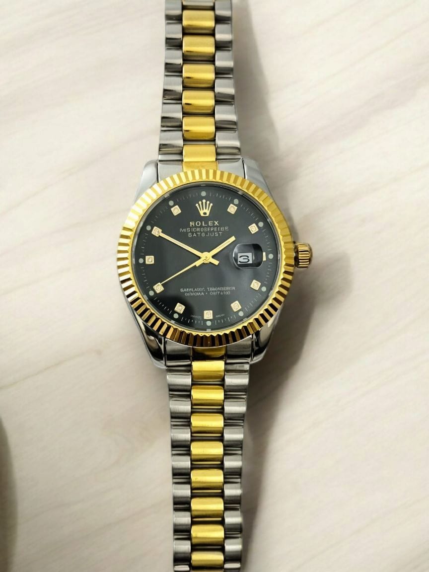 Gold & Silver Black Dial R-Branded Watch For Men