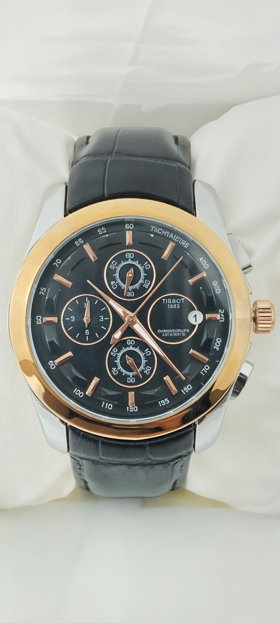 Chronographic T-Branded Black & Rose Gold Dial Leather Strap Watch For Men