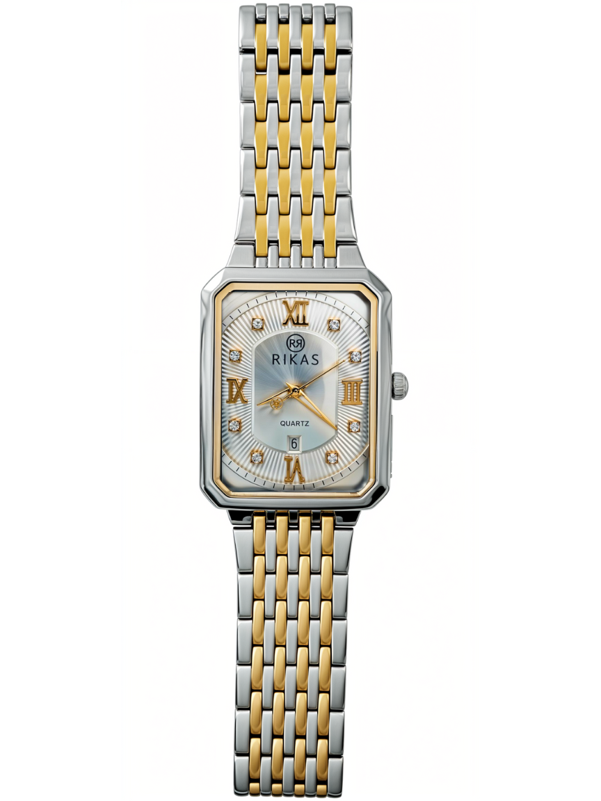 Gold & Silver White Rectangle Dial Chain Watch For Men
