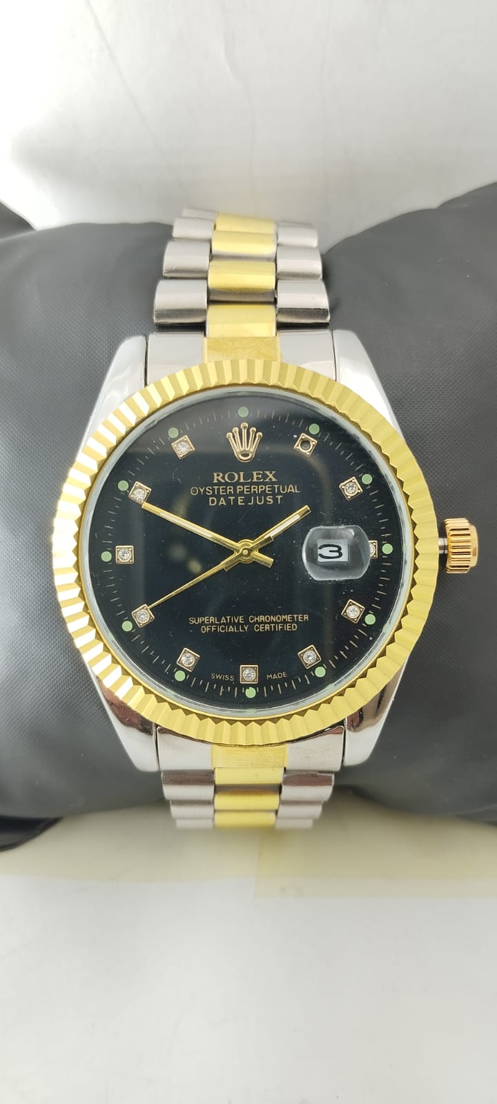 Gold & Silver Black Dial R-Branded Watch For Men