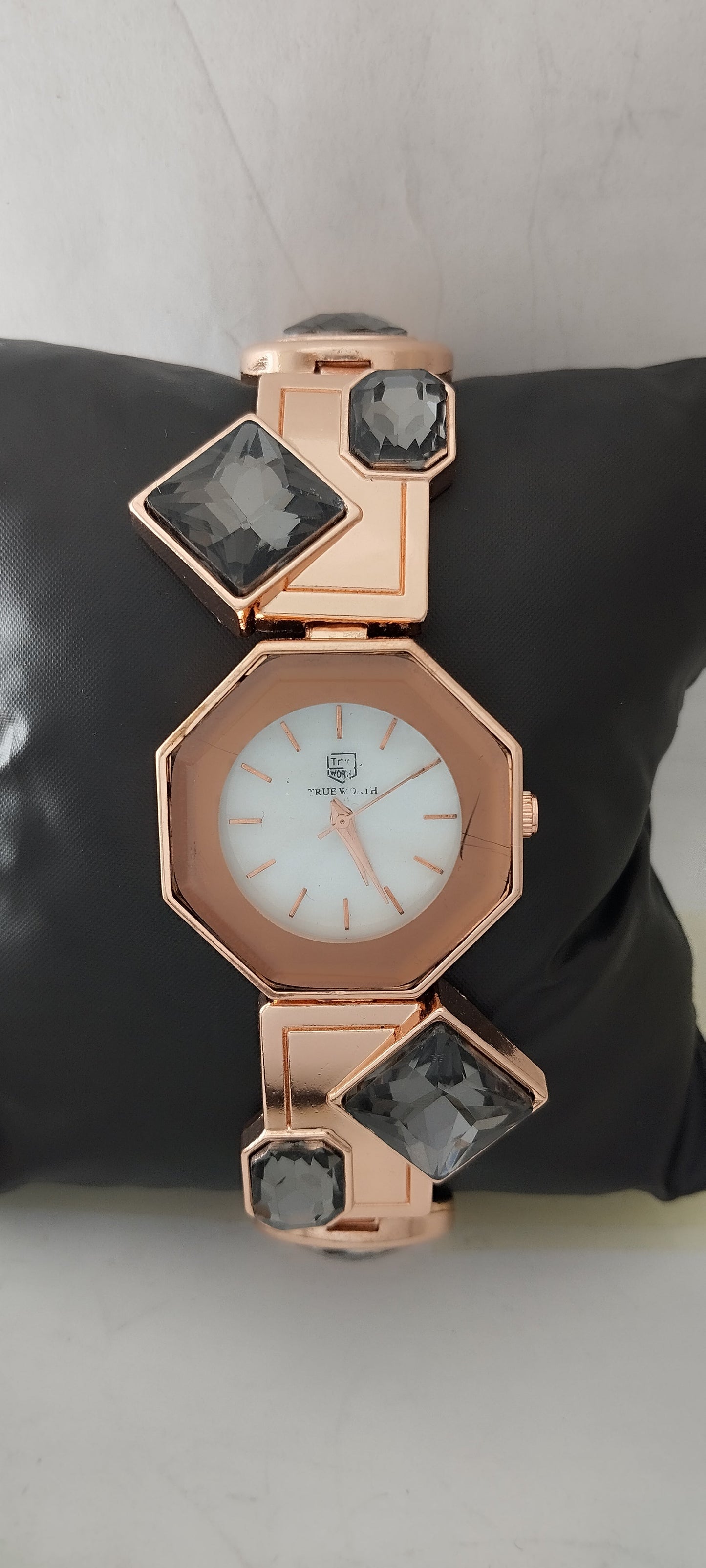 Royal Rose Gold Hex Watch With Black Jewels For Women