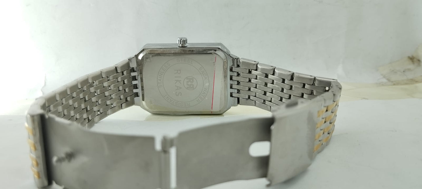 Gold & Silver Black Rectangle Dial Chain Watch For Men