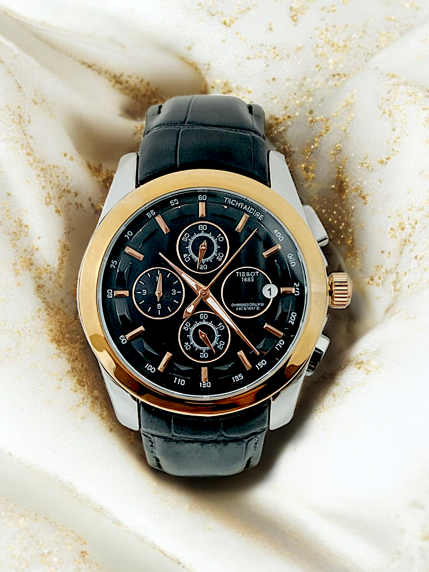 Chronographic T-Branded Black & Rose Gold Dial Leather Strap Watch For Men