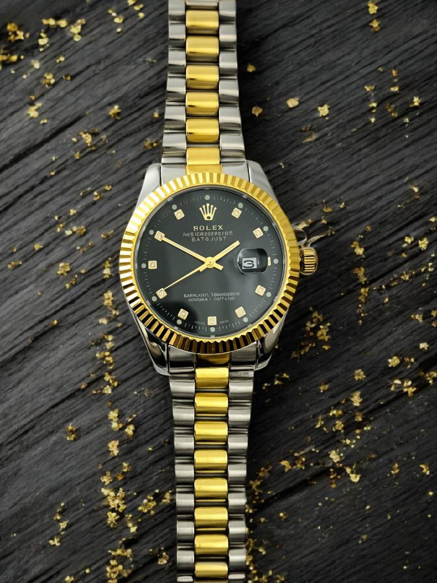 Gold & Silver Black Dial R-Branded Watch For Men