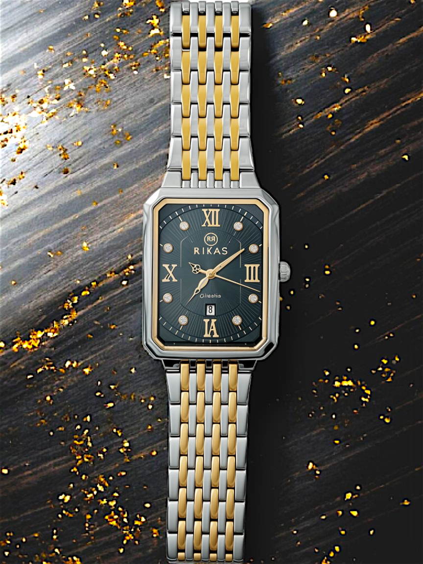 Gold & Silver Black Rectangle Dial Chain Watch For Men