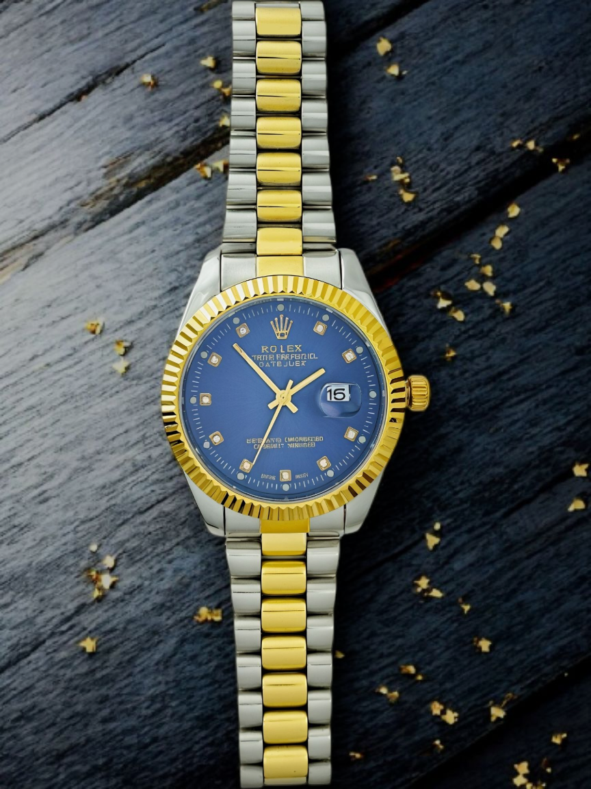 Gold & Silver Blue Dial R-Branded Watch For Men
