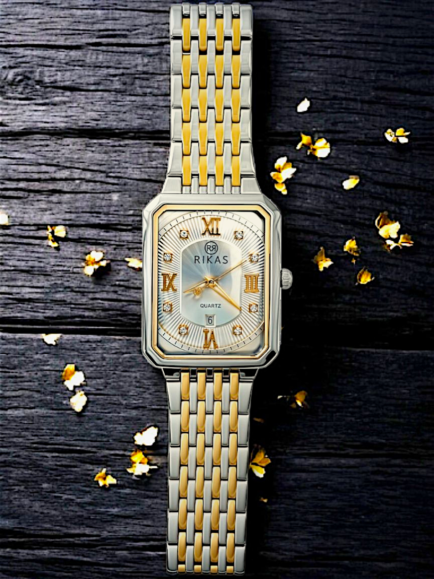Gold & Silver White Rectangle Dial Chain Watch For Men