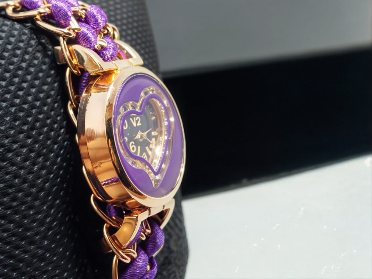 Golden Bracelet With Purple Ribbon Watch For Women