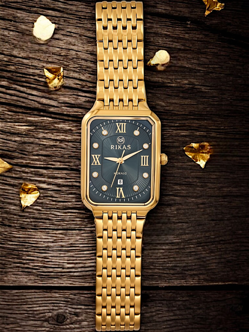 Opulent Gold Black Rectangle Dial Chain Watch For Men