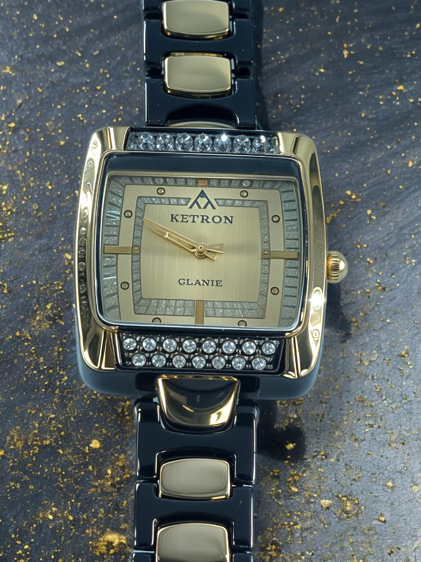 Coal and Gold Diamond-Embellished Square Dial Watch For Women