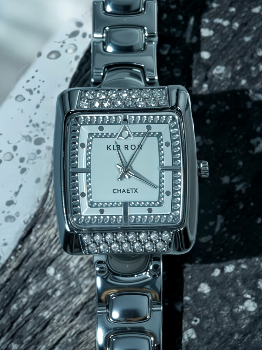 Frosted Silver Diamond-Embellished Square Dial Watch For Women