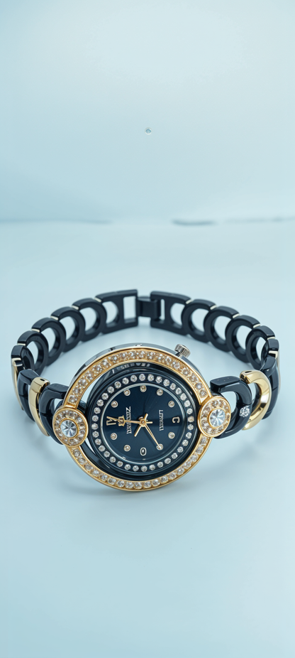 Ebony & Gold Diamond-Accented Dual Bezel Watch For Women