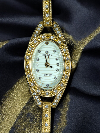 Glittering Gold Diamond-Studded Ovoid Dial Watch For Women