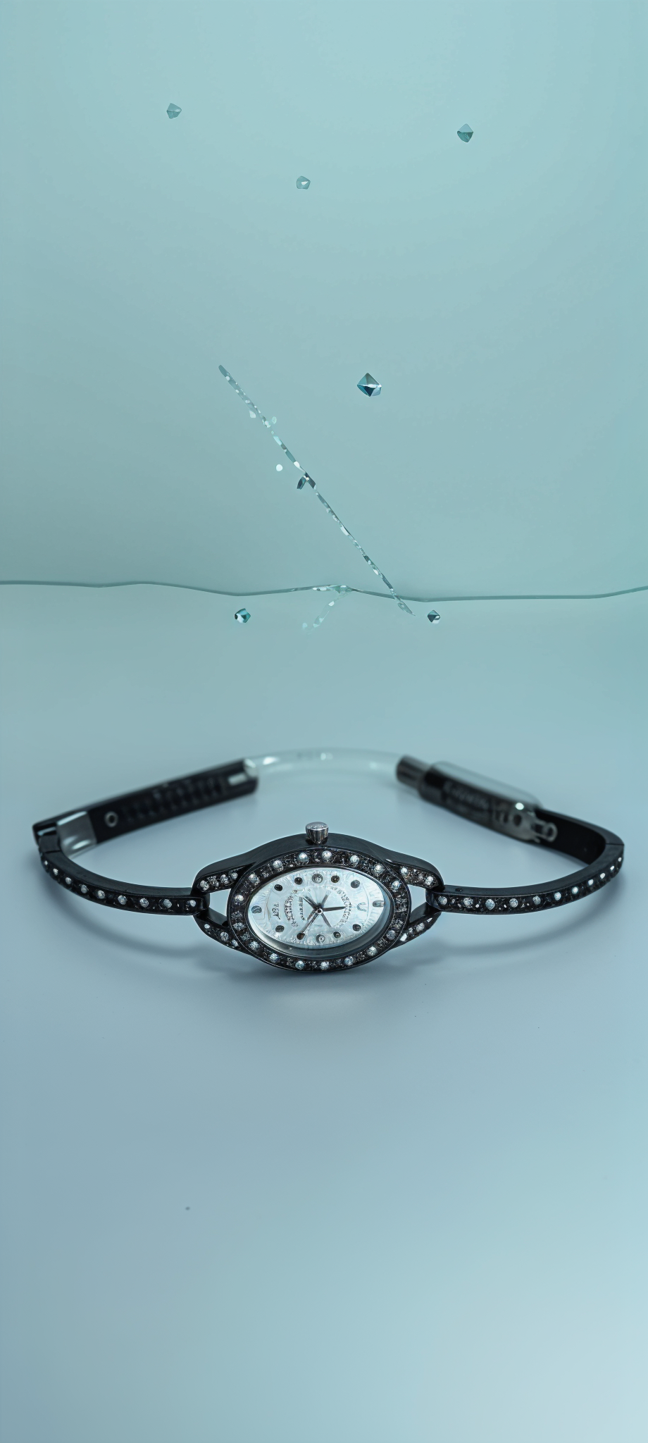 Charcoal Black Diamond-Studded Ovoid Dial Watch For Women