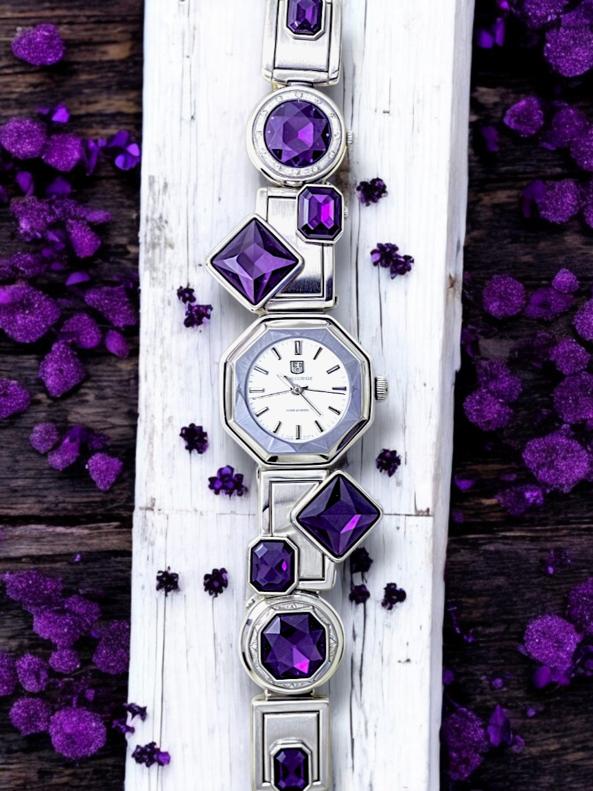 Sterling Silver Hex Watch With Purple Jewels For Women