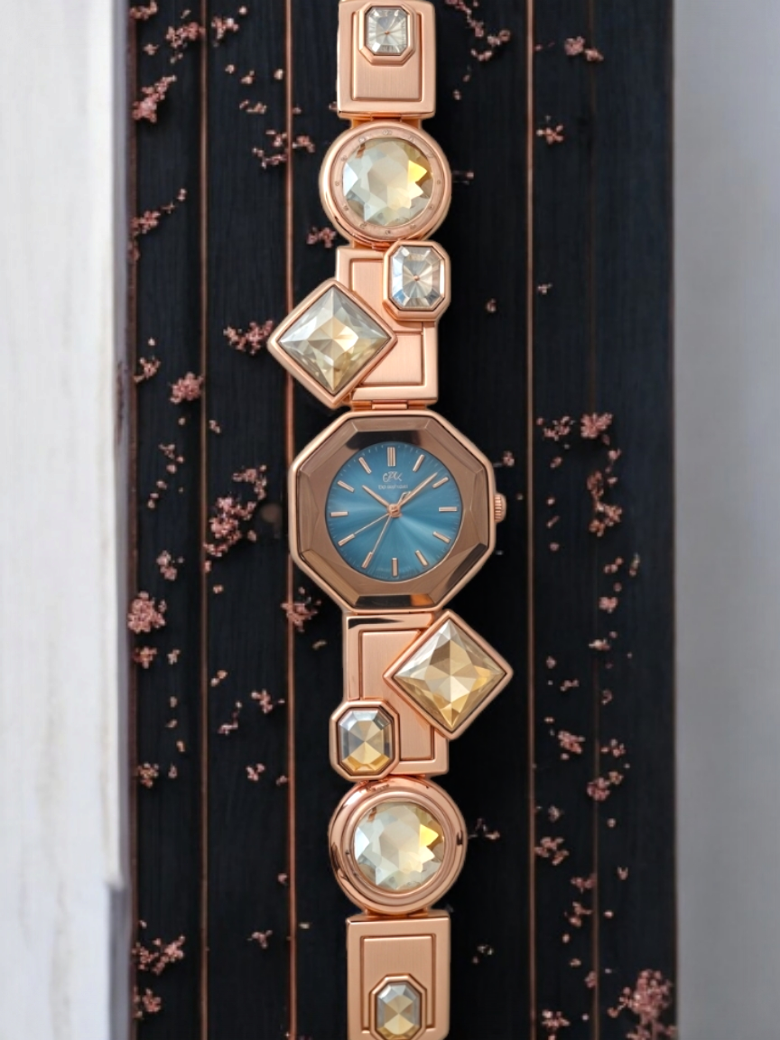 Royal Rose Gold Hex Watch With Yellow Jewels For Women