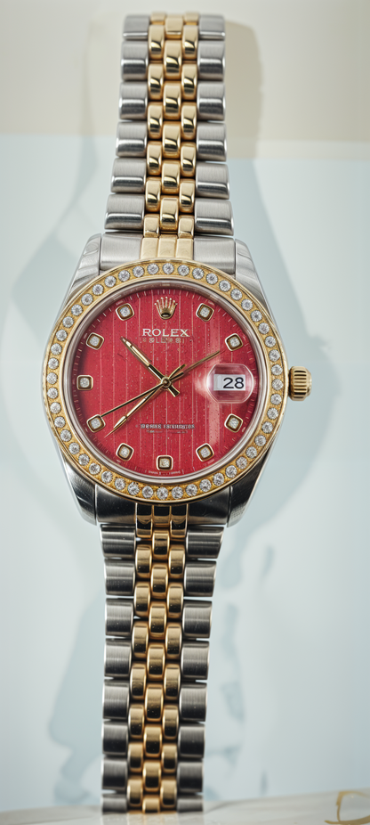 Gold & Silver Red Dial Diamond-Embellished R-Branded Chain Watch For Women