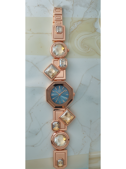 Royal Rose Gold Hex Watch With Yellow Jewels For Women