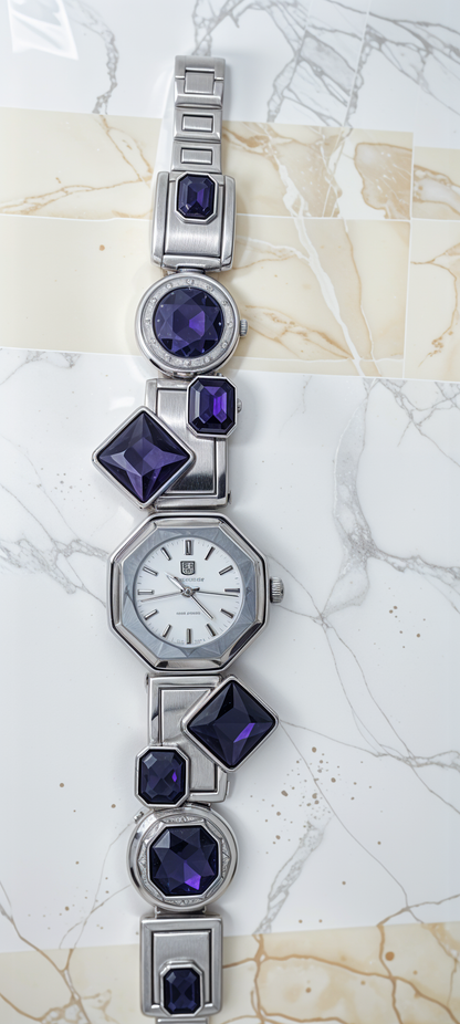 Sterling Silver Hex Watch With Purple Jewels For Women