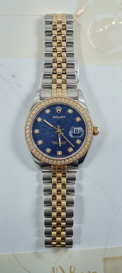 Gold & Silver Blue Dial Diamond-Embellished R-Branded Chain Watch For Women