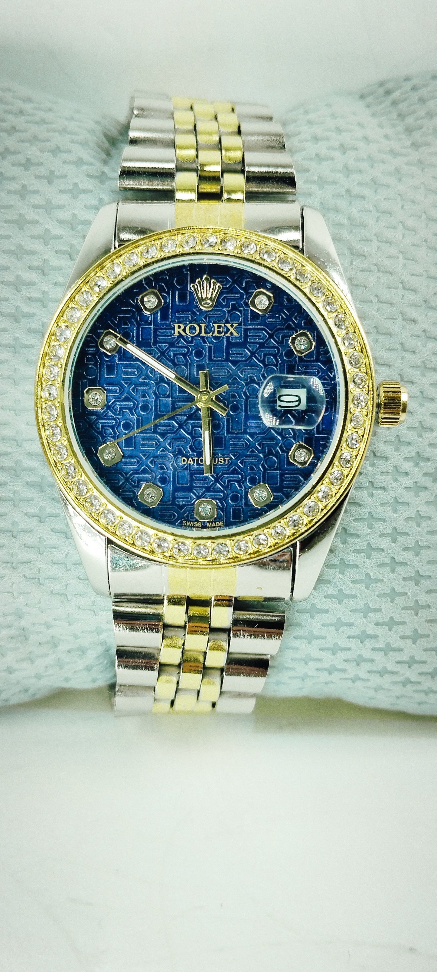 Gold & Silver Blue Dial Diamond-Embellished R-Branded Chain Watch For Women