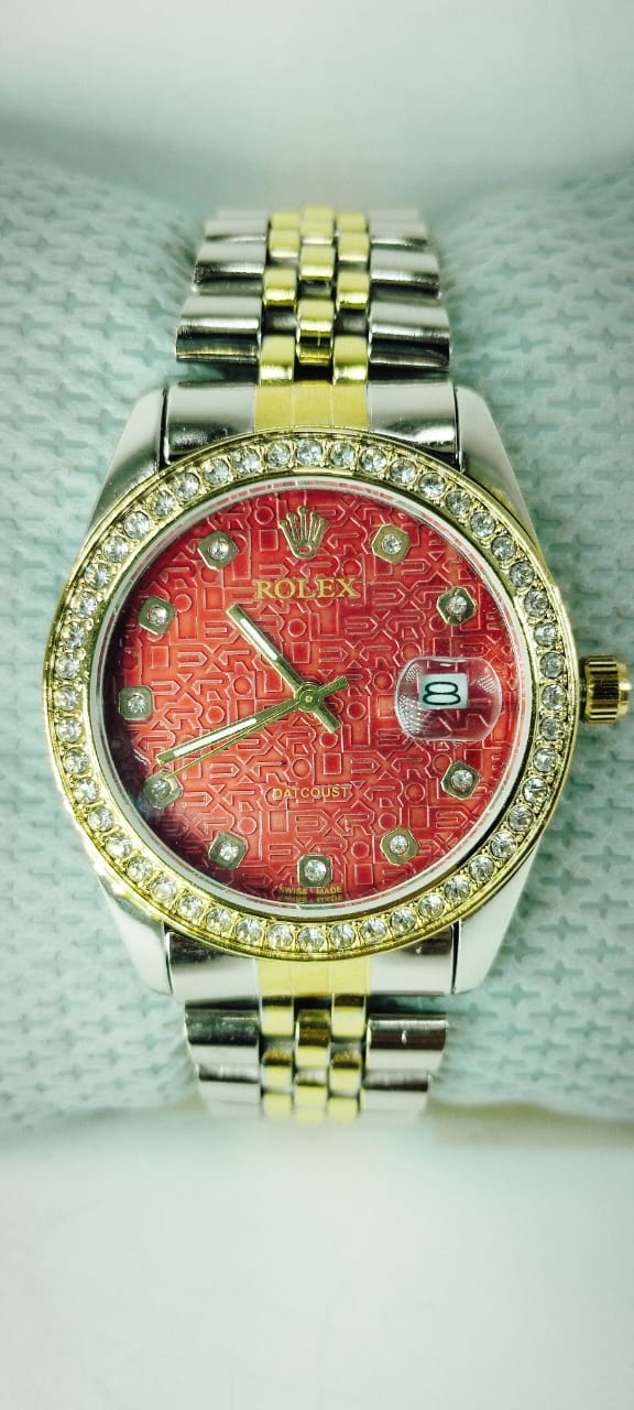 Gold & Silver Red Dial Diamond-Embellished R-Branded Chain Watch For Women