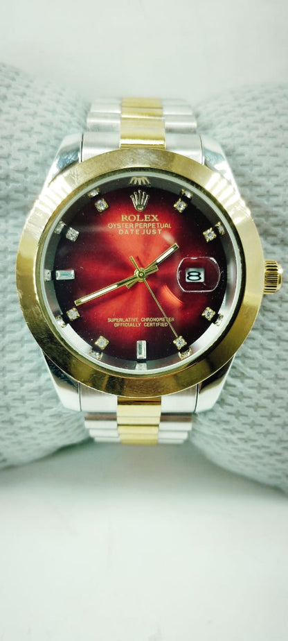 Gold & Silver Red Dial R-Branded Chain Watch For Men