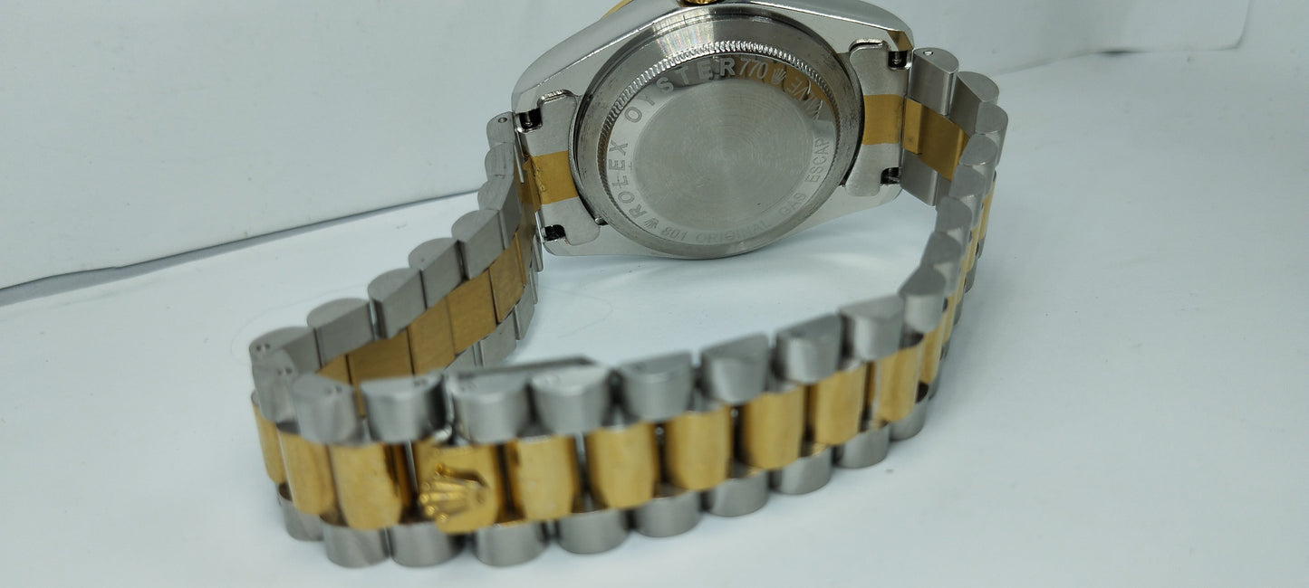 Gold & Silver Black Dial R-Branded Chain Watch For Men