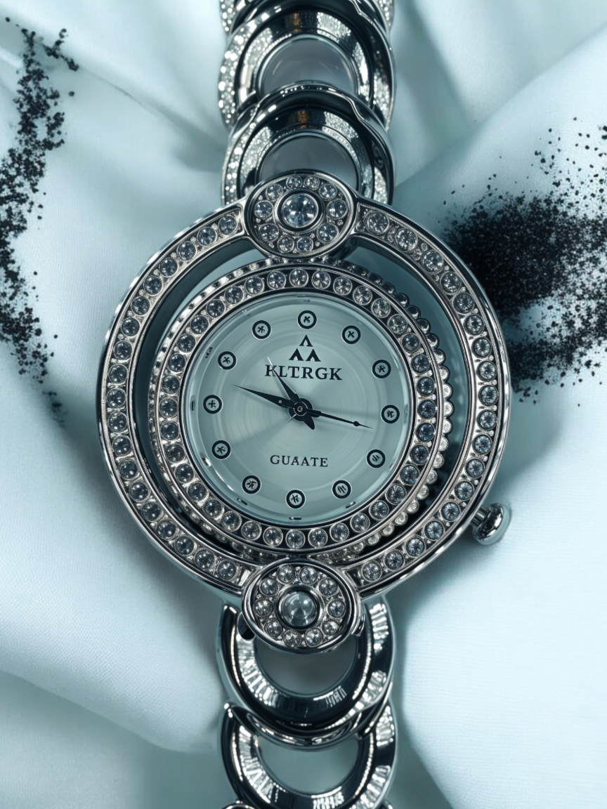 Pearly Silver Diamond-Accented Dual Bezel Watch For Women