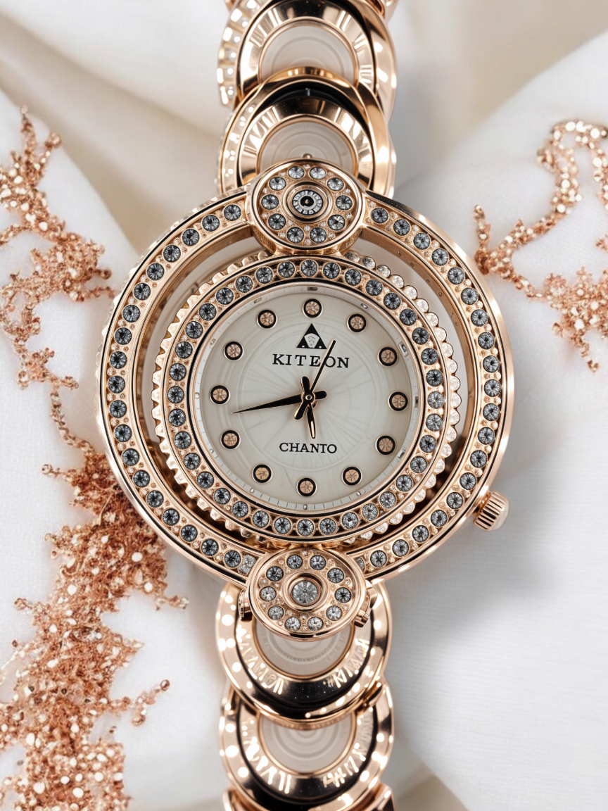 Blush Rose Gold Diamond-Accented Dual Bezel Watch For Women