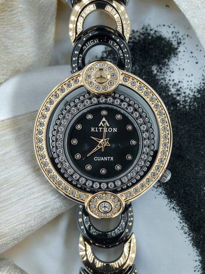 Ebony & Gold Diamond-Accented Dual Bezel Watch For Women