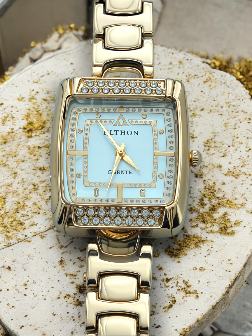 Glamorous Gold Diamond-Embellished Square Dial Watch For Women