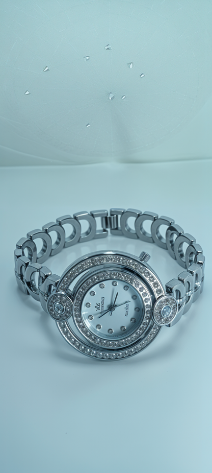 Pearly Silver Diamond-Accented Dual Bezel Watch For Women