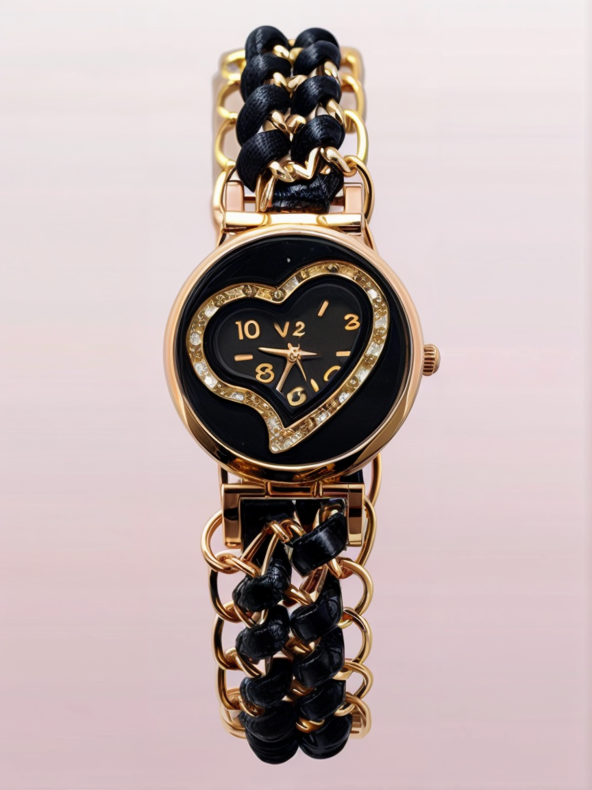 Golden Bracelet With Black Ribbon Watch For Women