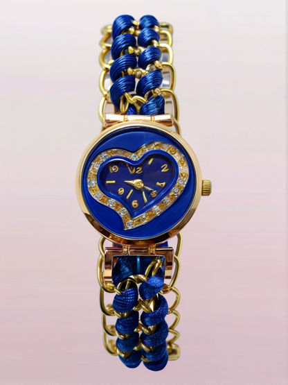 Golden Bracelet With Blue Ribbon Watch For Women