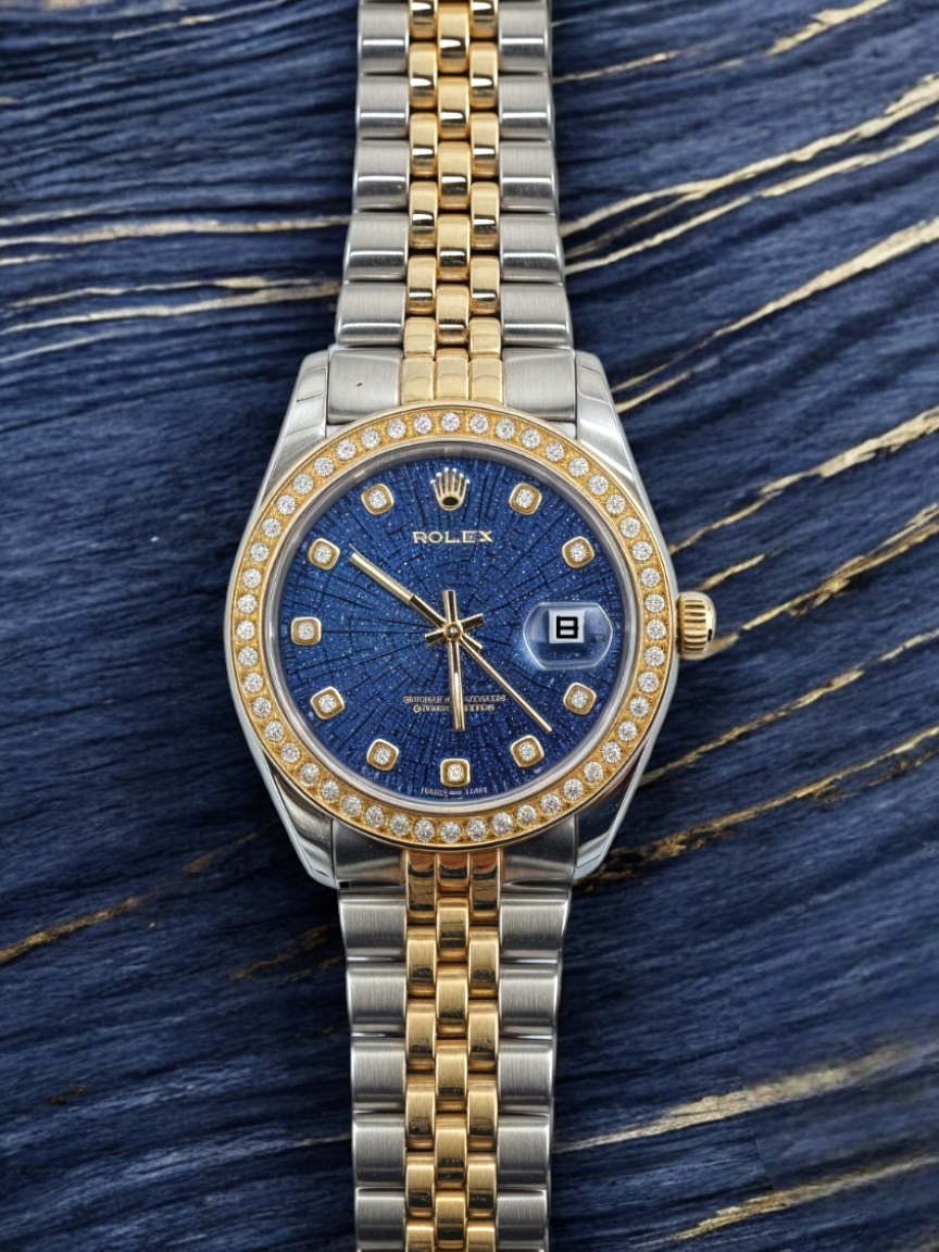 Gold & Silver Blue Dial Diamond-Embellished R-Branded Chain Watch For Women