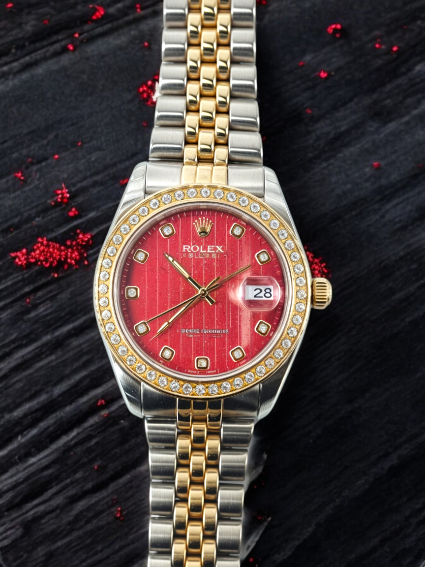 Gold & Silver Red Dial Diamond-Embellished R-Branded Chain Watch For Women