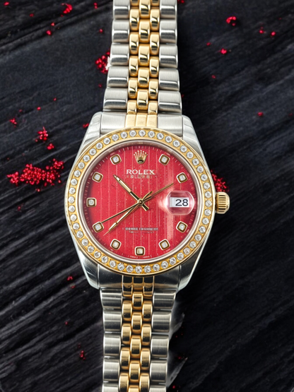 Gold & Silver Red Dial Diamond-Embellished R-Branded Chain Watch For Women