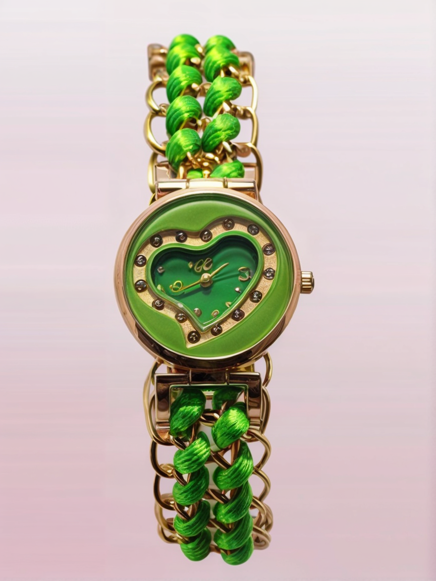 Golden Bracelet With Green Ribbon Watch For Women