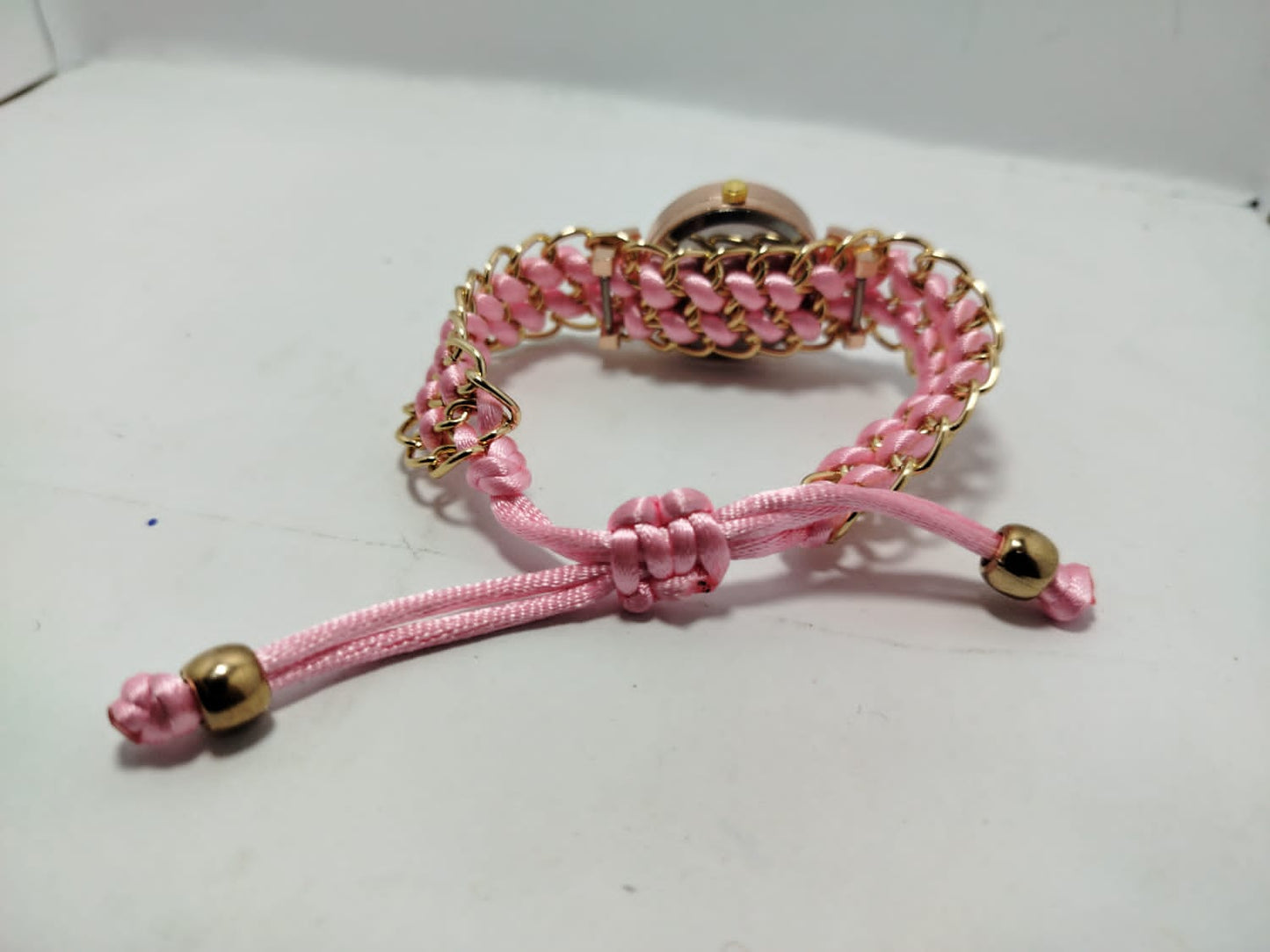 Golden Bracelet With Baby Pink Ribbon Watch For Women