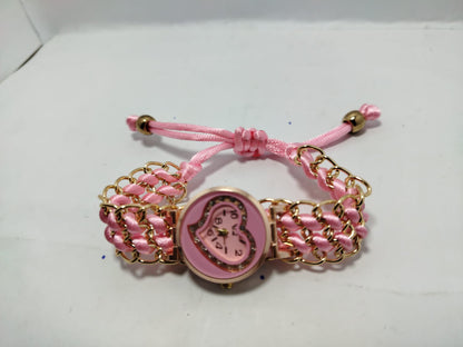 Golden Bracelet With Baby Pink Ribbon Watch For Women