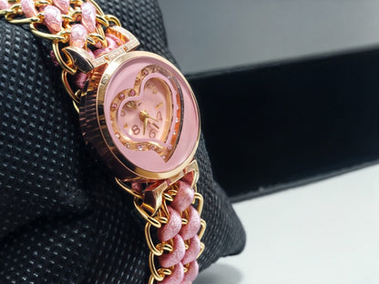 Golden Bracelet With Baby Pink Ribbon Watch For Women