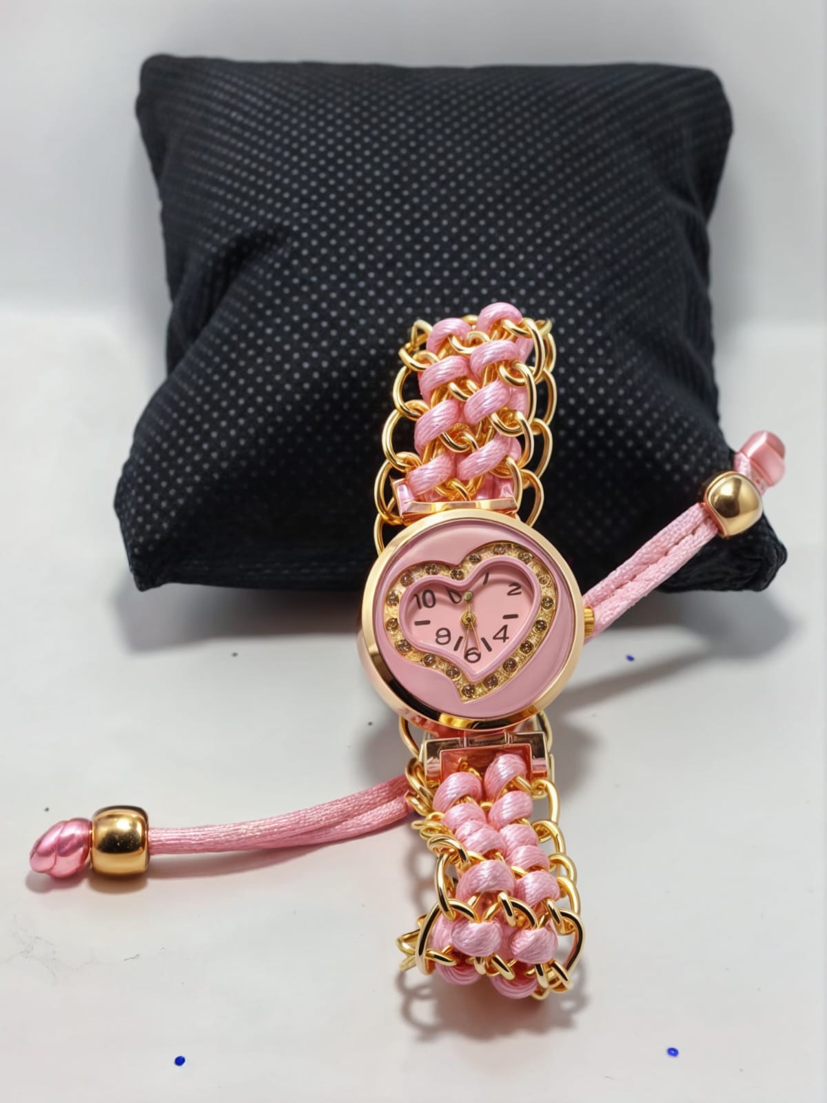 Golden Bracelet With Baby Pink Ribbon Watch For Women