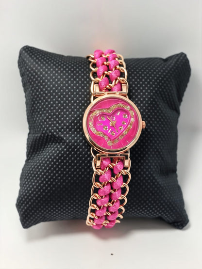 Golden Bracelet With Pink Ribbon Watch For Women