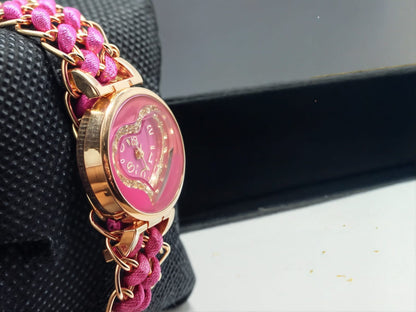 Golden Bracelet With Pink Ribbon Watch For Women