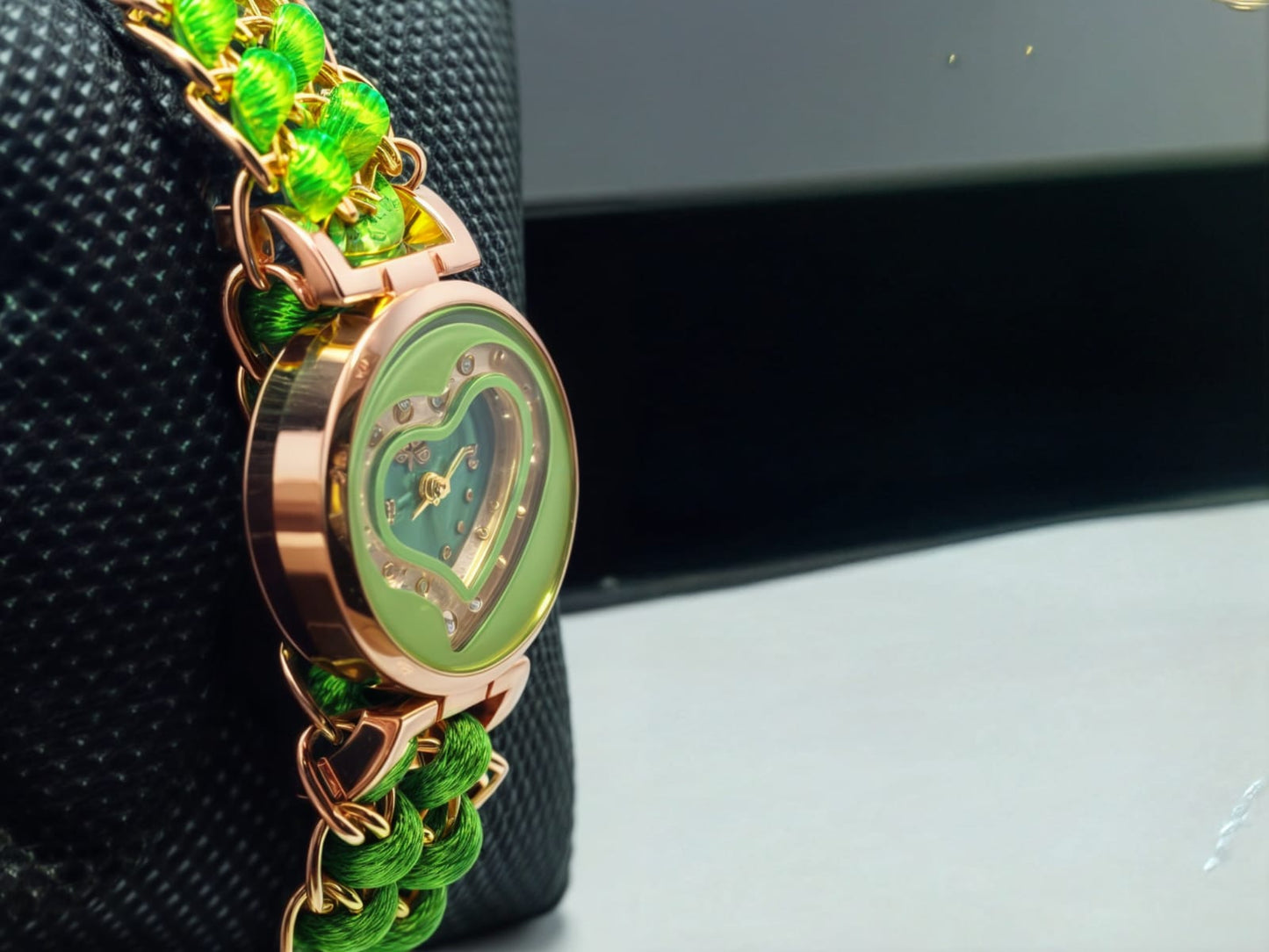 Golden Bracelet With Green Ribbon Watch For Women