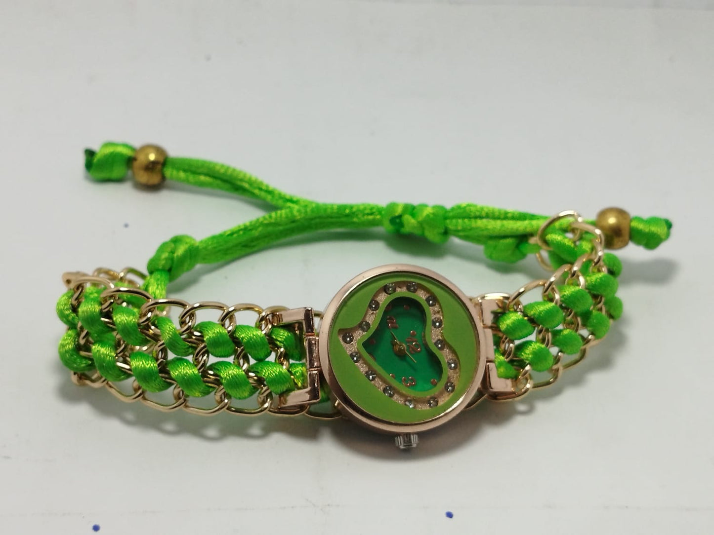 Golden Bracelet With Green Ribbon Watch For Women