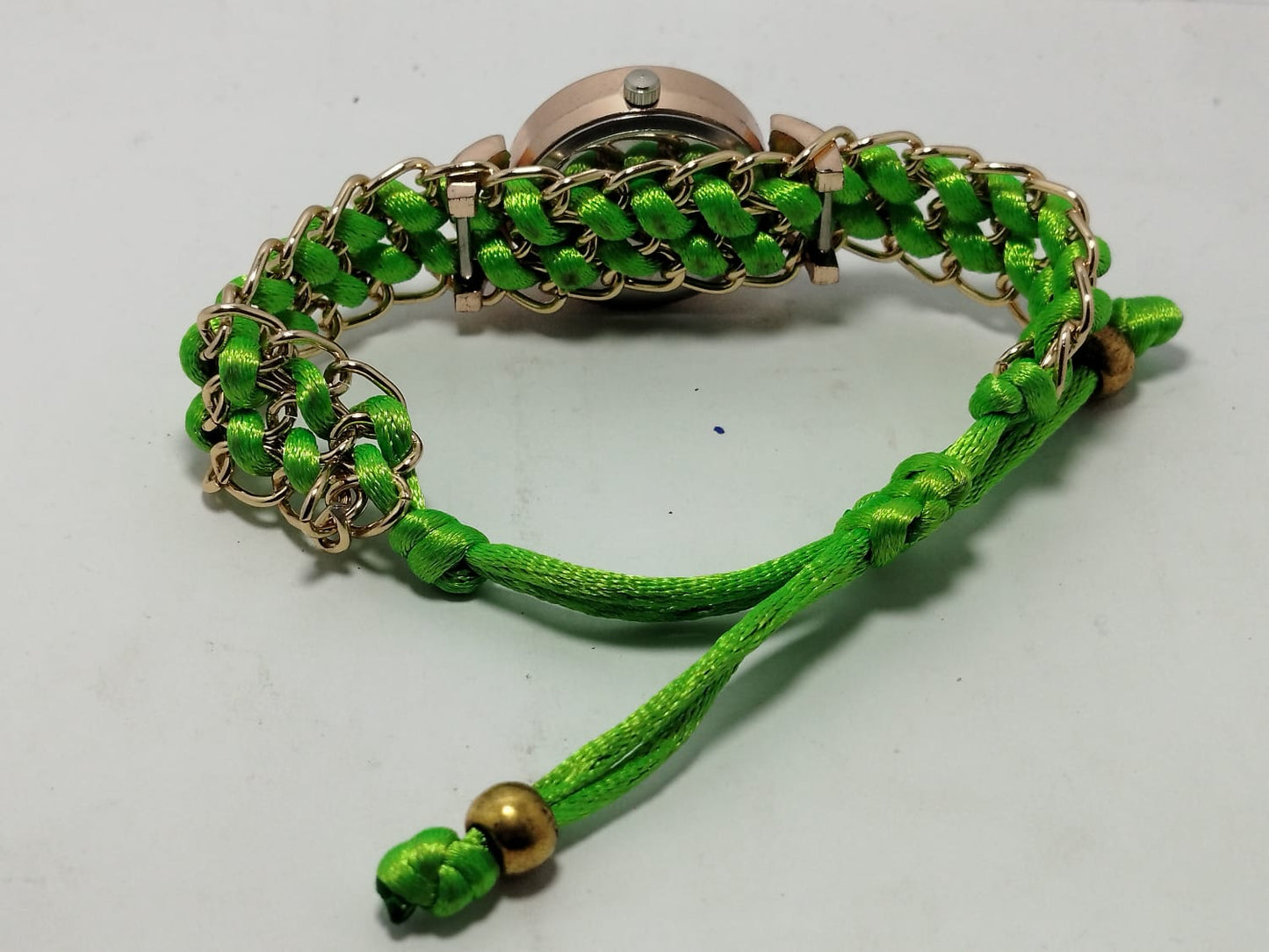 Golden Bracelet With Green Ribbon Watch For Women