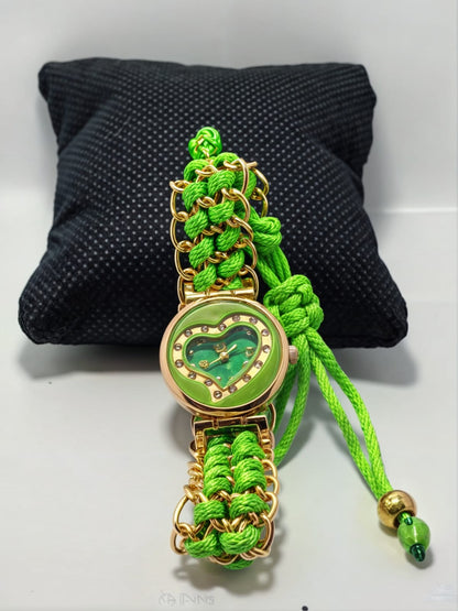 Golden Bracelet With Green Ribbon Watch For Women